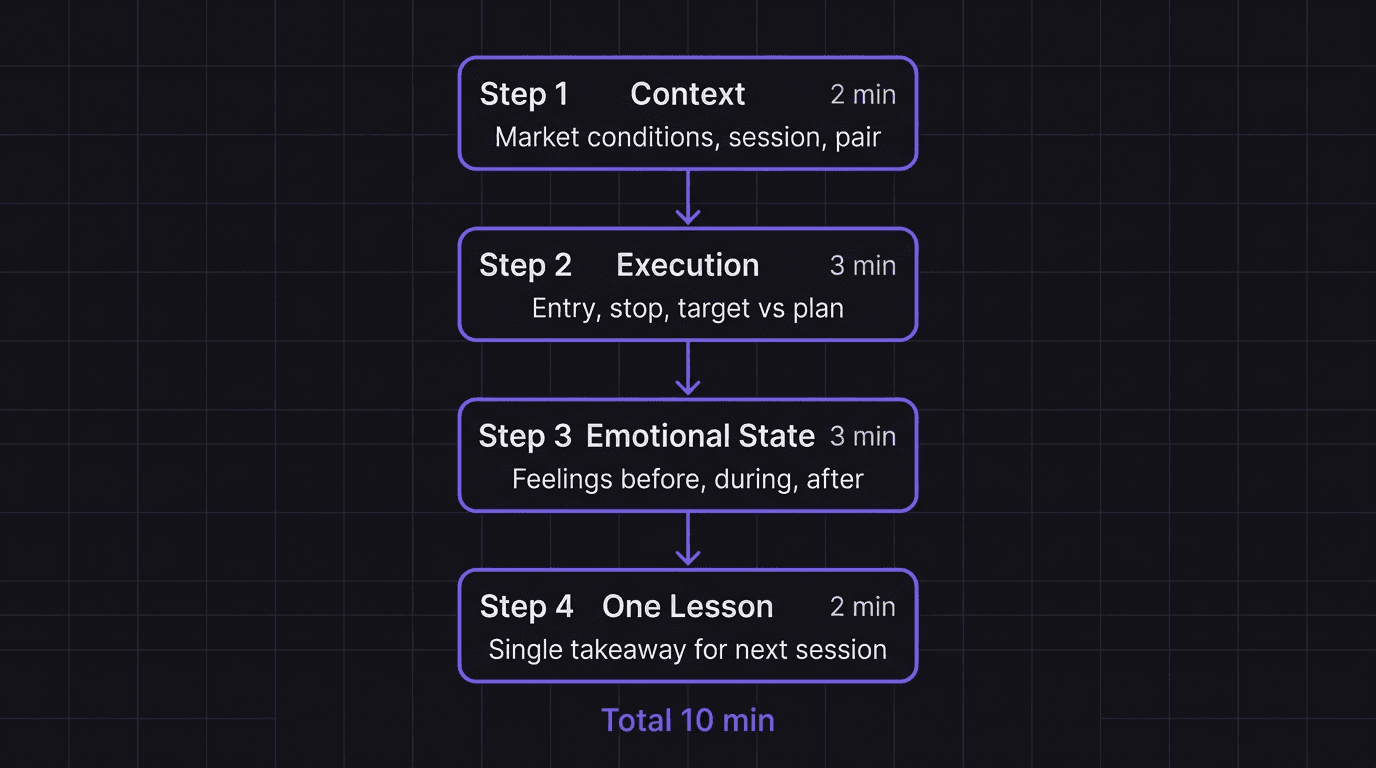 10-minute post-trade review framework showing four time blocks