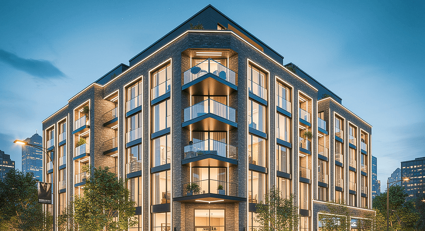 Modern apartment building with balconies and lit facade