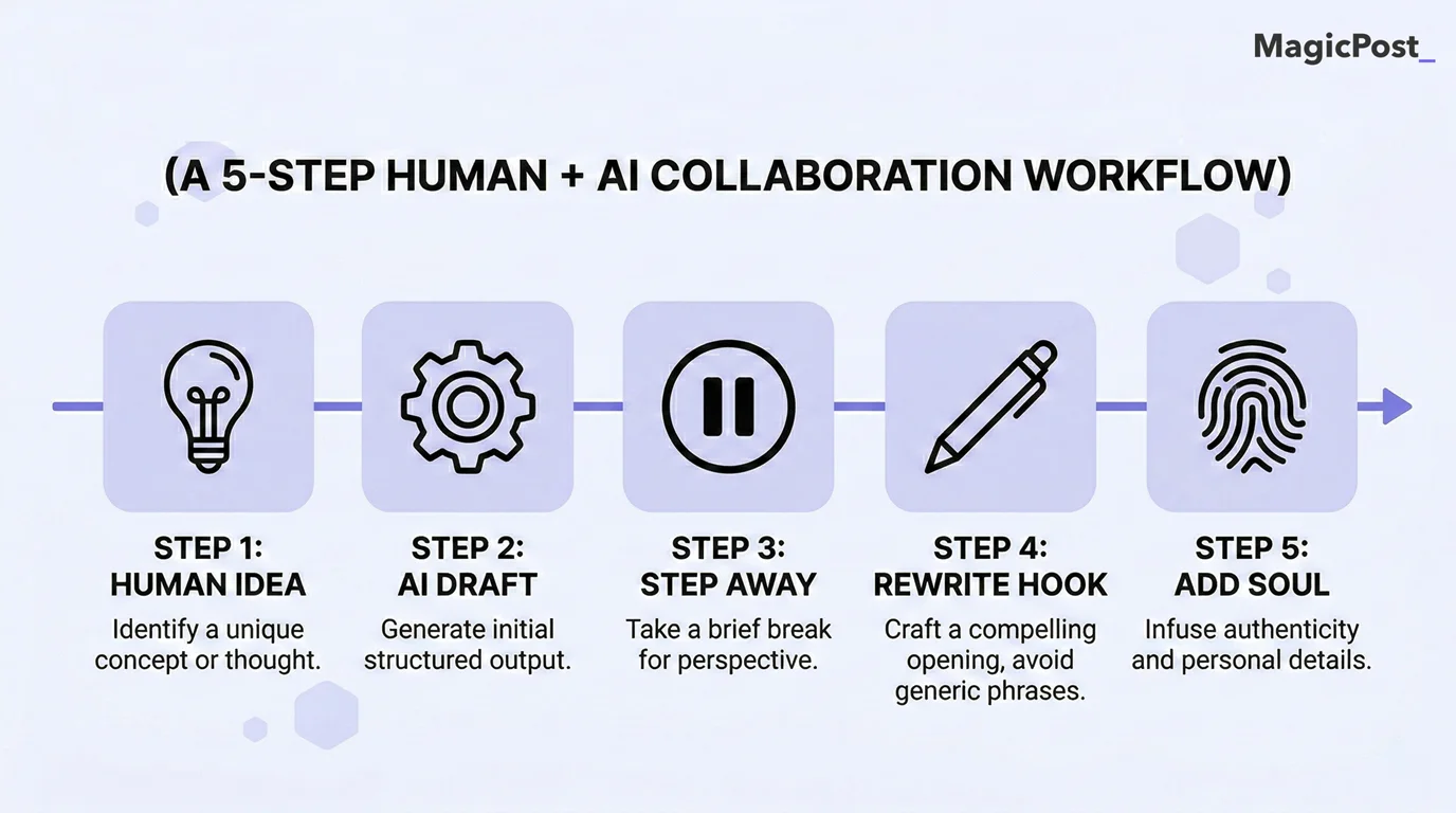 Five-step human and AI collaboration workflow for writing authentic LinkedIn posts