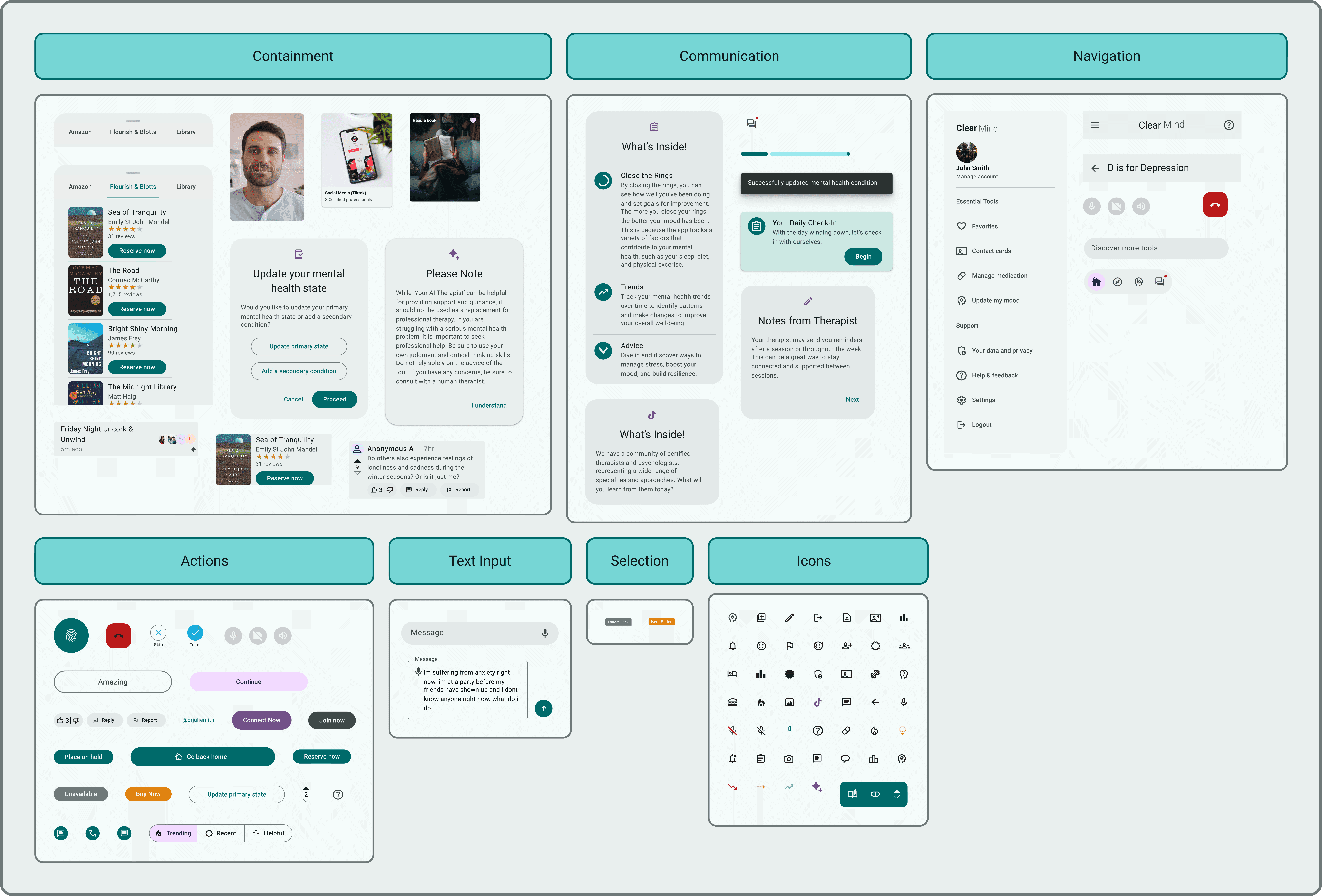 A comprehensive UI component library for the 'Clear Mind' project, organized into functional categories: Containment, Communication, Navigation, Actions, Text Input, Selection, and Icons. The sheet demonstrates a cohesive visual language with teal and purple accents, featuring various button states, navigation menus, personalized message cards, and a custom set of line icons designed to facilitate a clear and supportive user experience.