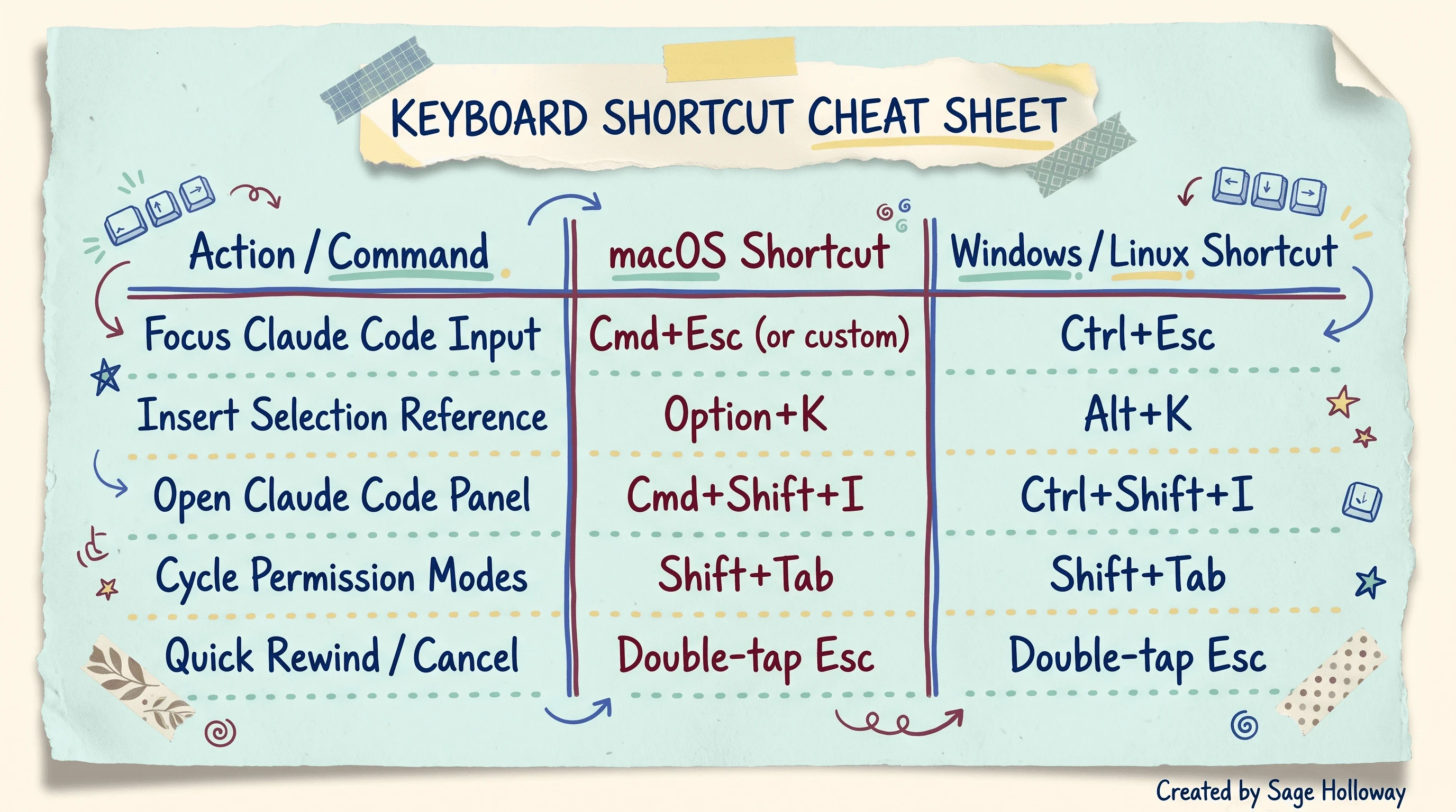 Keyboard shortcut reference table for Claude Code in VS Code across macOS and Windows Linux