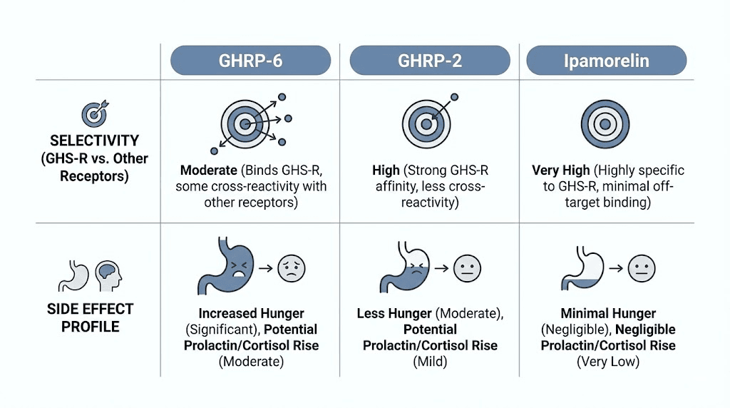 GHRP-6 vs GHRP-2 vs ipamorelin comparison chart for growth hormone release