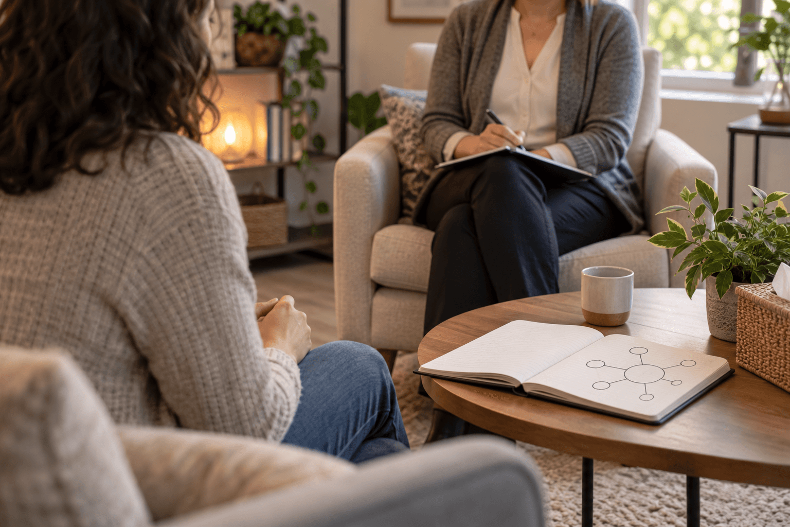 Clinician and adult patient discussing support connections in a calm office
