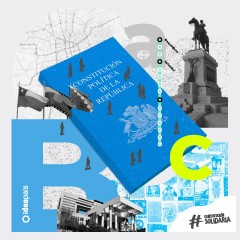 Portada de ABC constitucional, documento de debate constitucional de IdeaPaís, mostrando un ejemplar de la Constitución en color celeste, sobre las letras ABC y rodeado de imágenes de banderas, del Congreso y de la estatua de Baquedano.