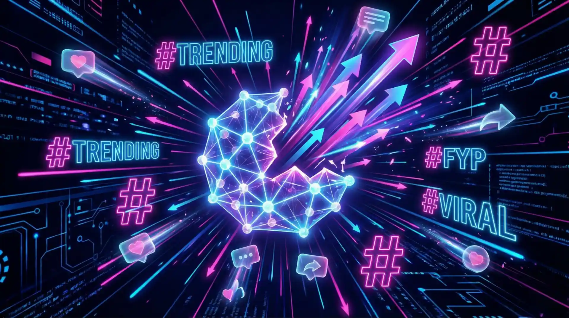 TikTok algorithm visualization showing viral growth through hashtags, engagement icons, and trending content pathways in neon aesthetic