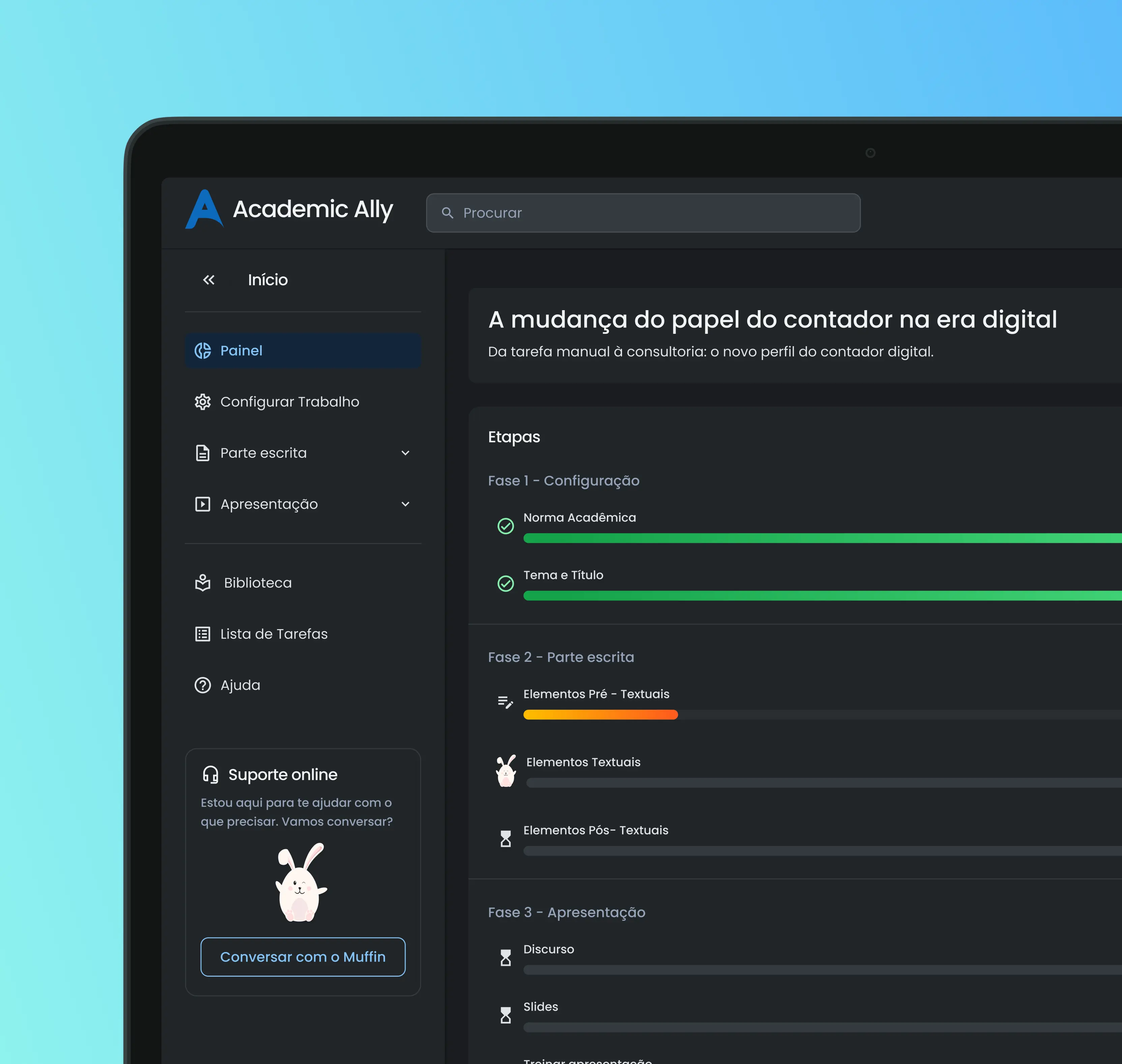 Detalhe da interface em modo escuro da plataforma Academio Ally, exibindo o painel de controle com menu lateral, indicadores de progresso e configurações do usuário.