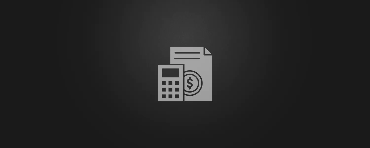 Financial analytics icon showing a calculator, document, and dollar coin in silver gray on dark background. Represents Lucas Ostrowski's budget tracking and automated comparison systems for analyzing planned versus actual spending.