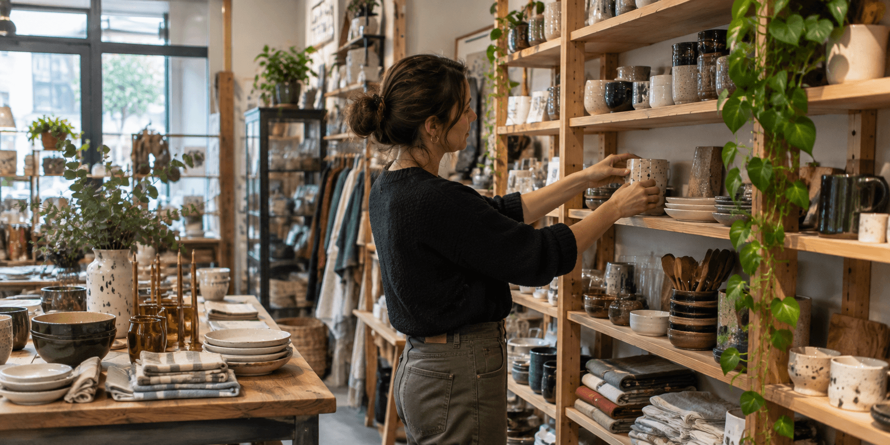 Shop owner arranging ceramic products on display shelves in an independent homeware boutique
