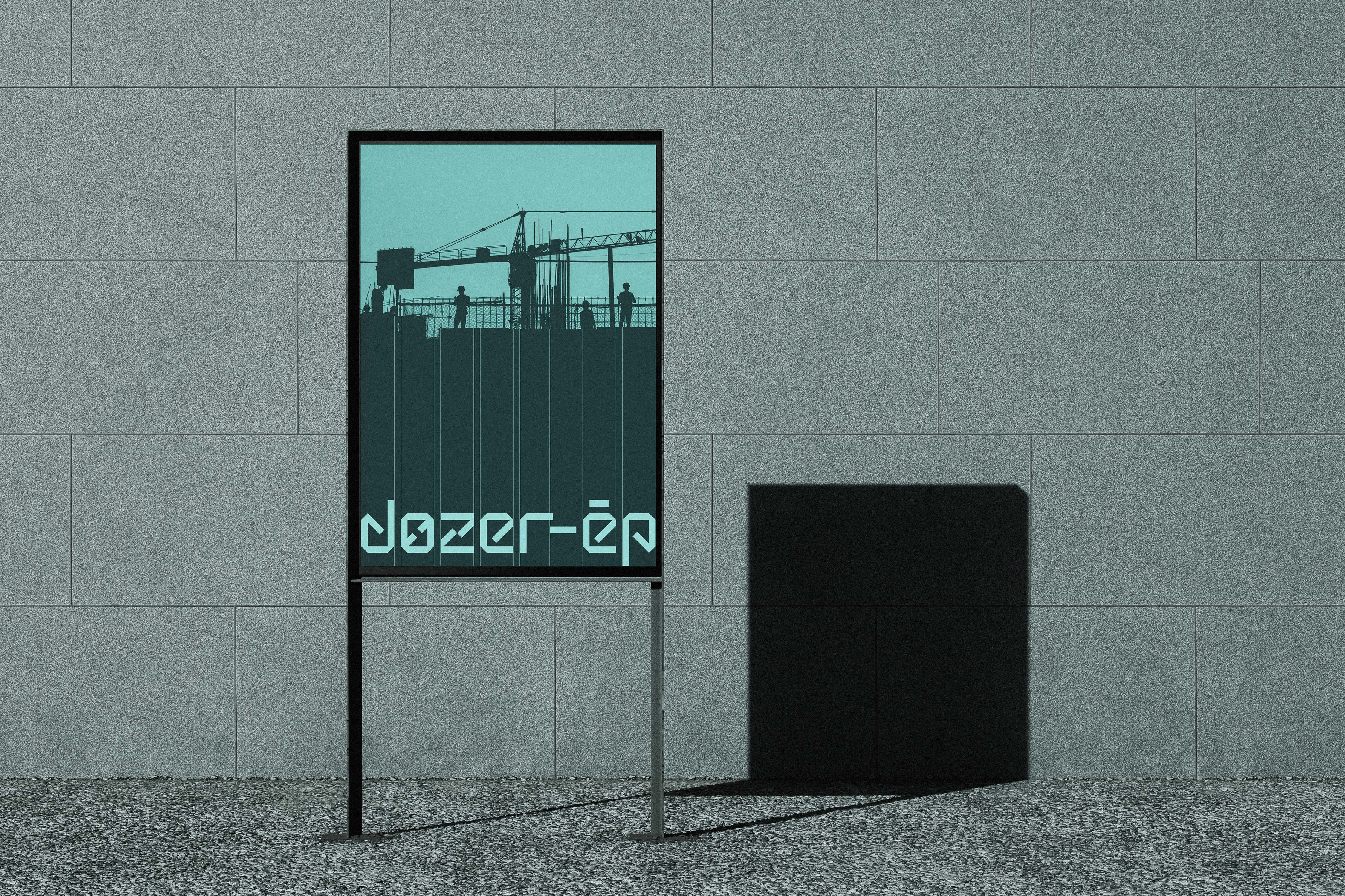 Outdoor poster showing construction worker silhouettes and cranes above a solid teal base with logotype - Dozer-Ép, a civil engineering brand identity.