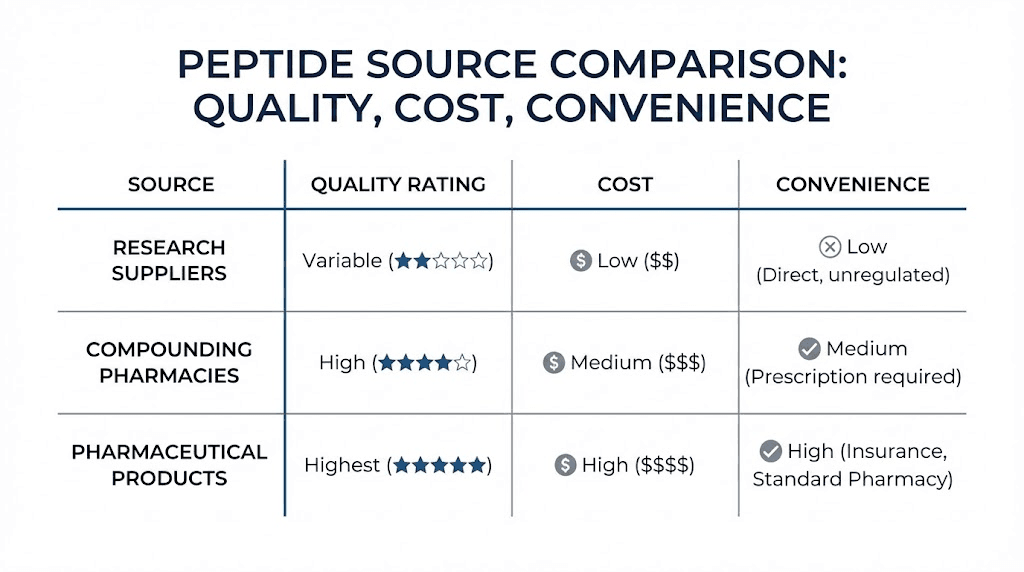 Peptide sourcing options comparison research versus clinical versus pharmaceutical