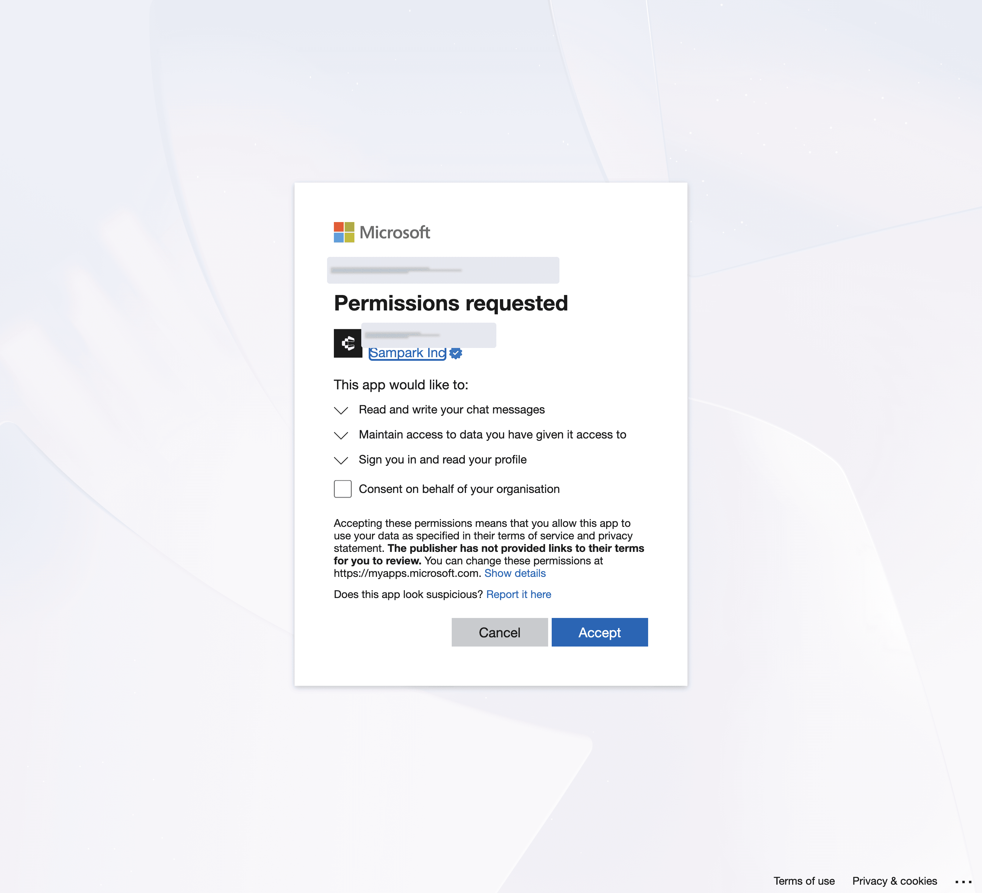 Microsoft Permissions requested page for the managed Composio Microsoft Teams app
