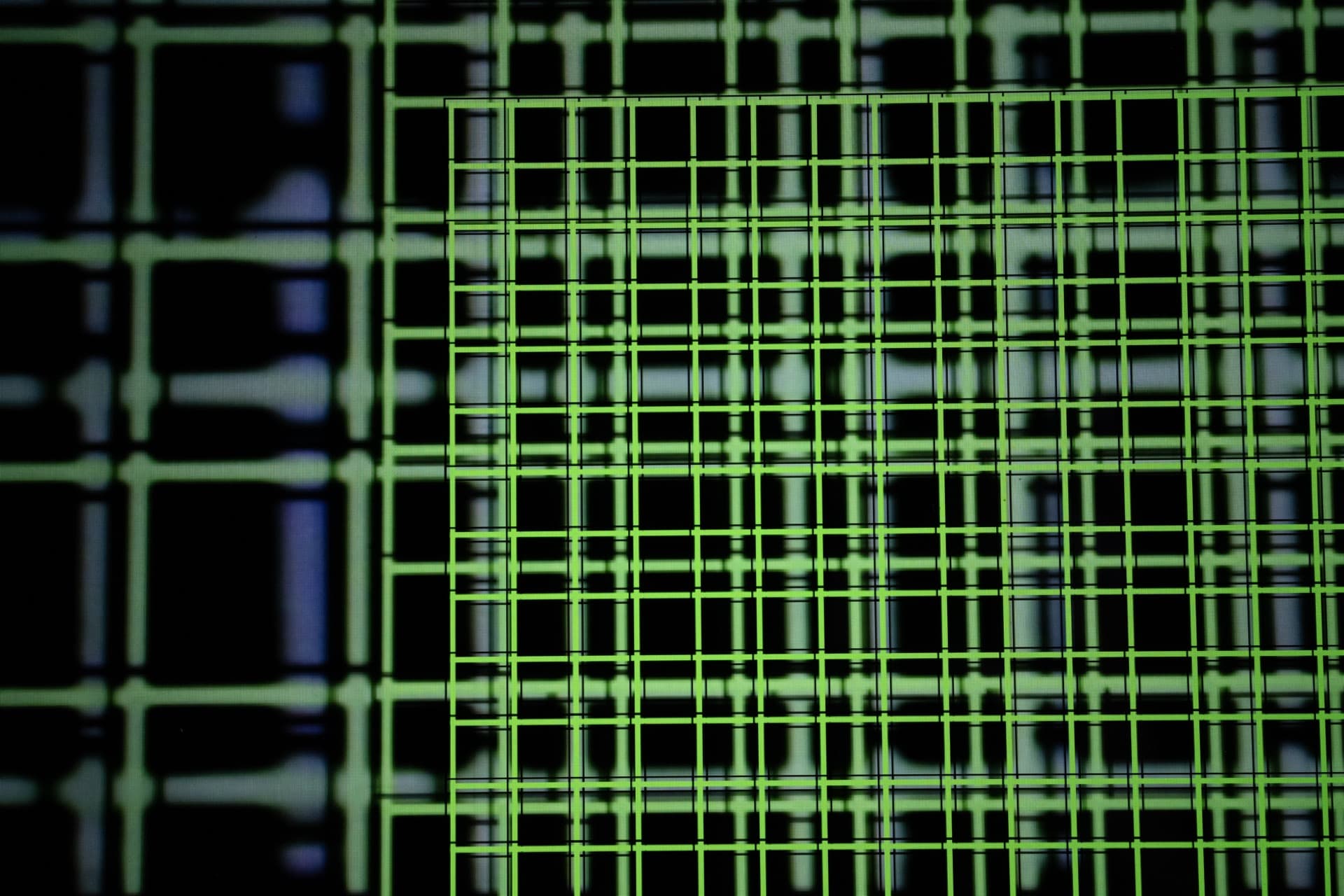 Dense horizontal grid of green autofocus detection boxes, uniform pattern showing systematic scanning across screen surface with blue light artifacts visible
