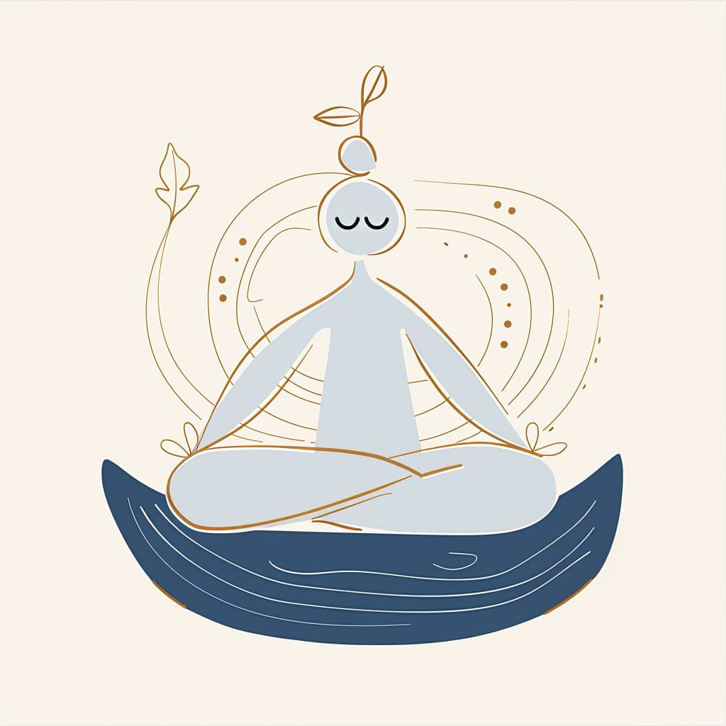 Abstrakte Figur in Lotusposition meditiert auf einem Blatt, symbolisiert Wachstum und innere Ruhe.