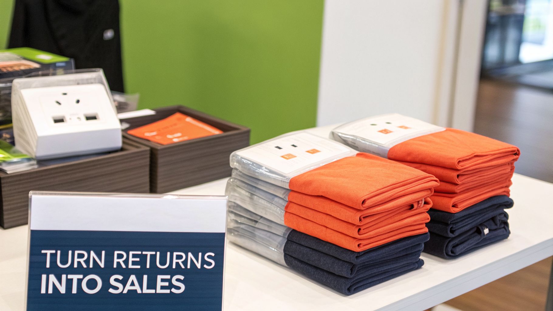 Retail display with power adapters, folded orange and blue clothing, and a 'Turn Returns Into Sales' sign.