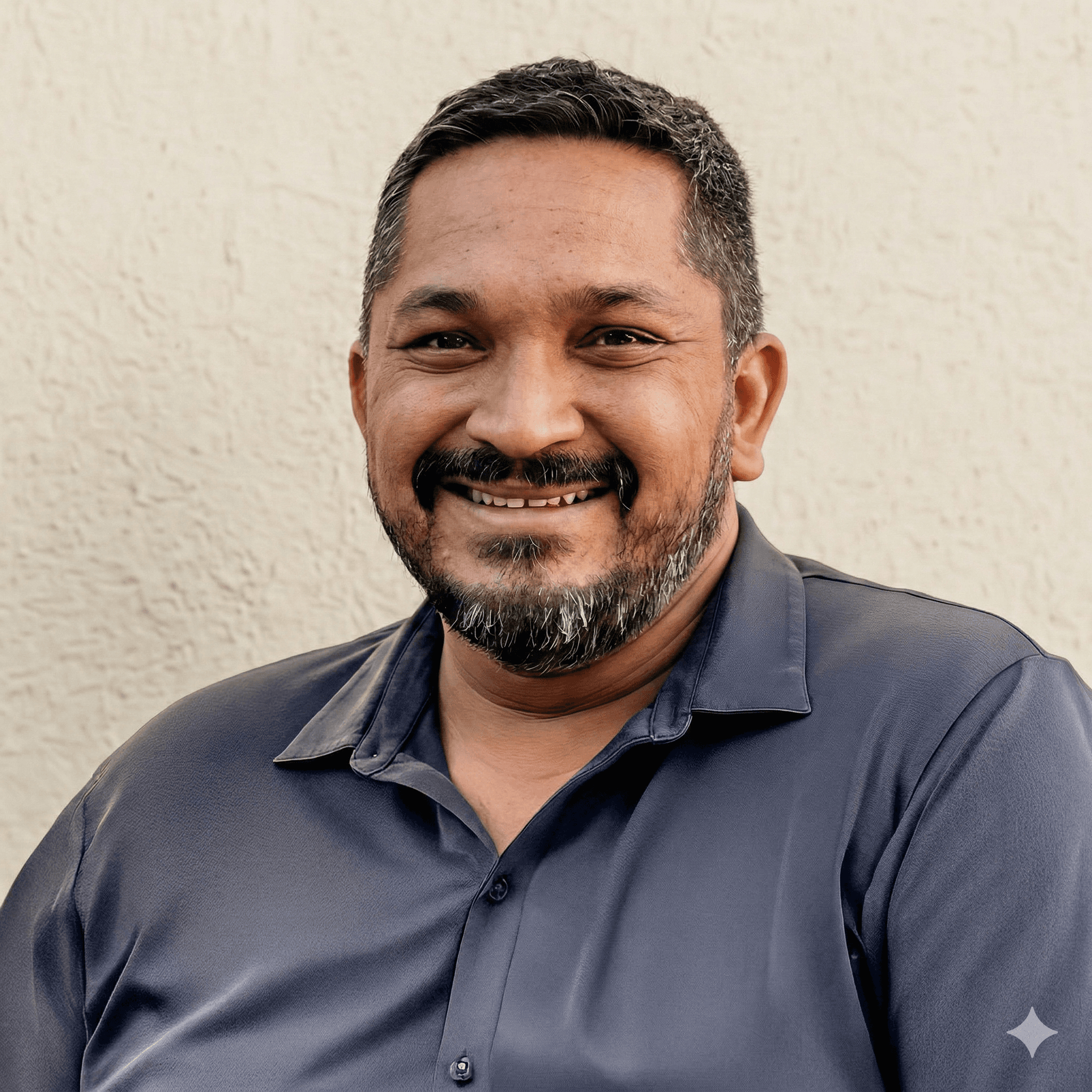 Young woman smiling gently in natural sunlight, with warm shadows cast across a minimal background.