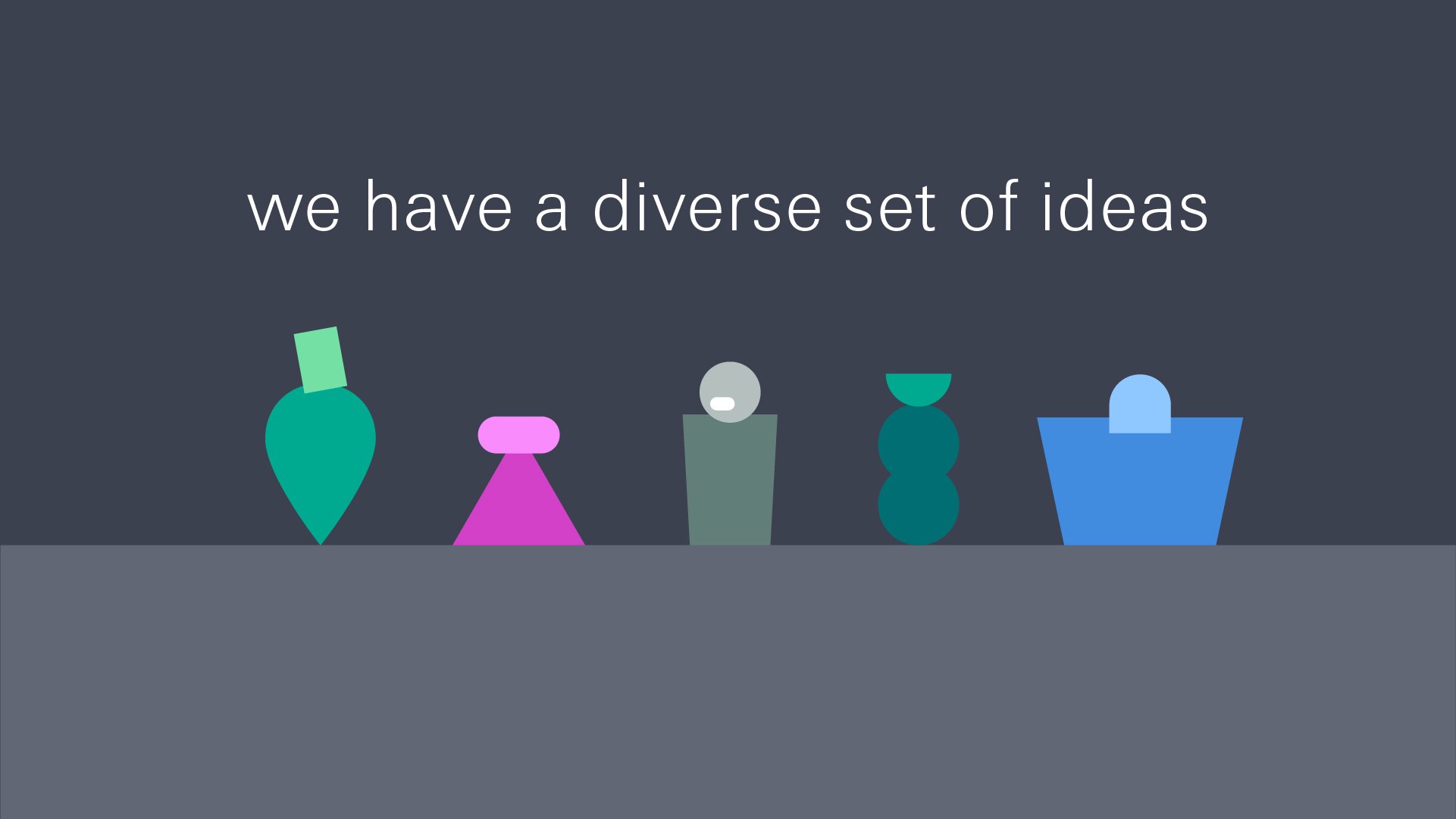 Five characters created with just abstract geometrical symbols in 5 different colors.