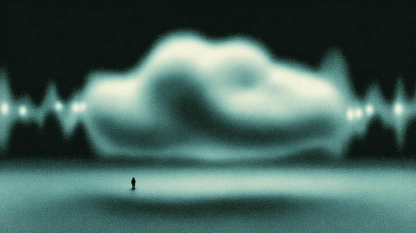 Abstract glowing cloud with audio waveform accents and a small human figure, symbolizing cloud speech-to-text technology and ASR platforms.