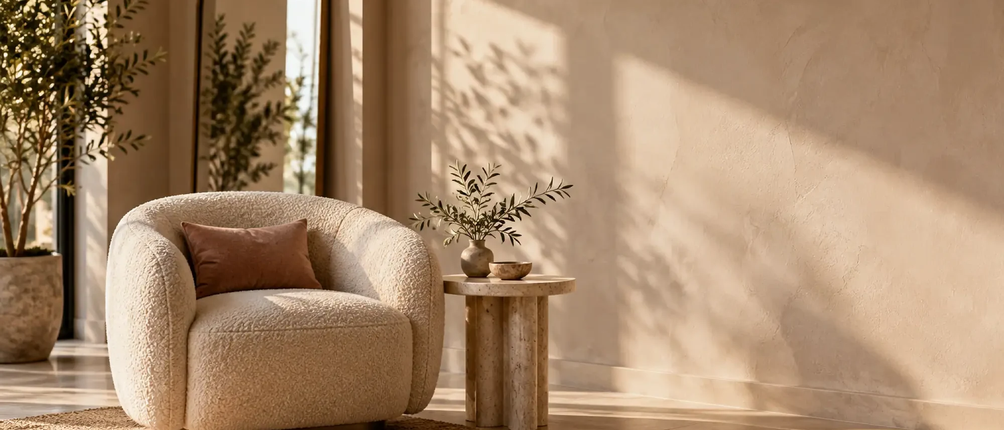 A quiet waiting lounge with a cream armchair and an arched mirror