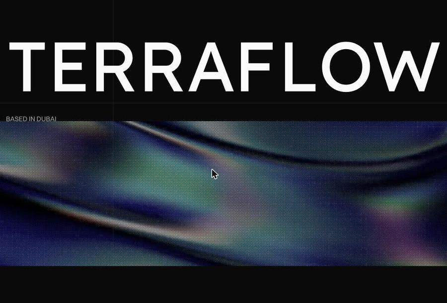 Version two hero: full-width TERRAFLOW wordmark on black above an iridescent halftone field, with Based in Dubai beneath.