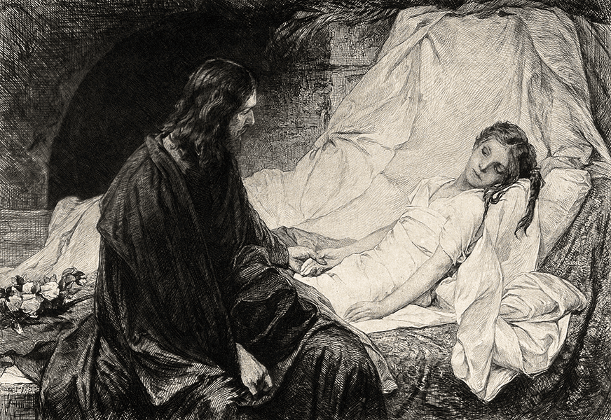 Credit: Christ sits at the bedside of Jairus's sickening daughter. Etching after G.C. von. Max. Wellcome Collection. Source: Wellcome Collection.