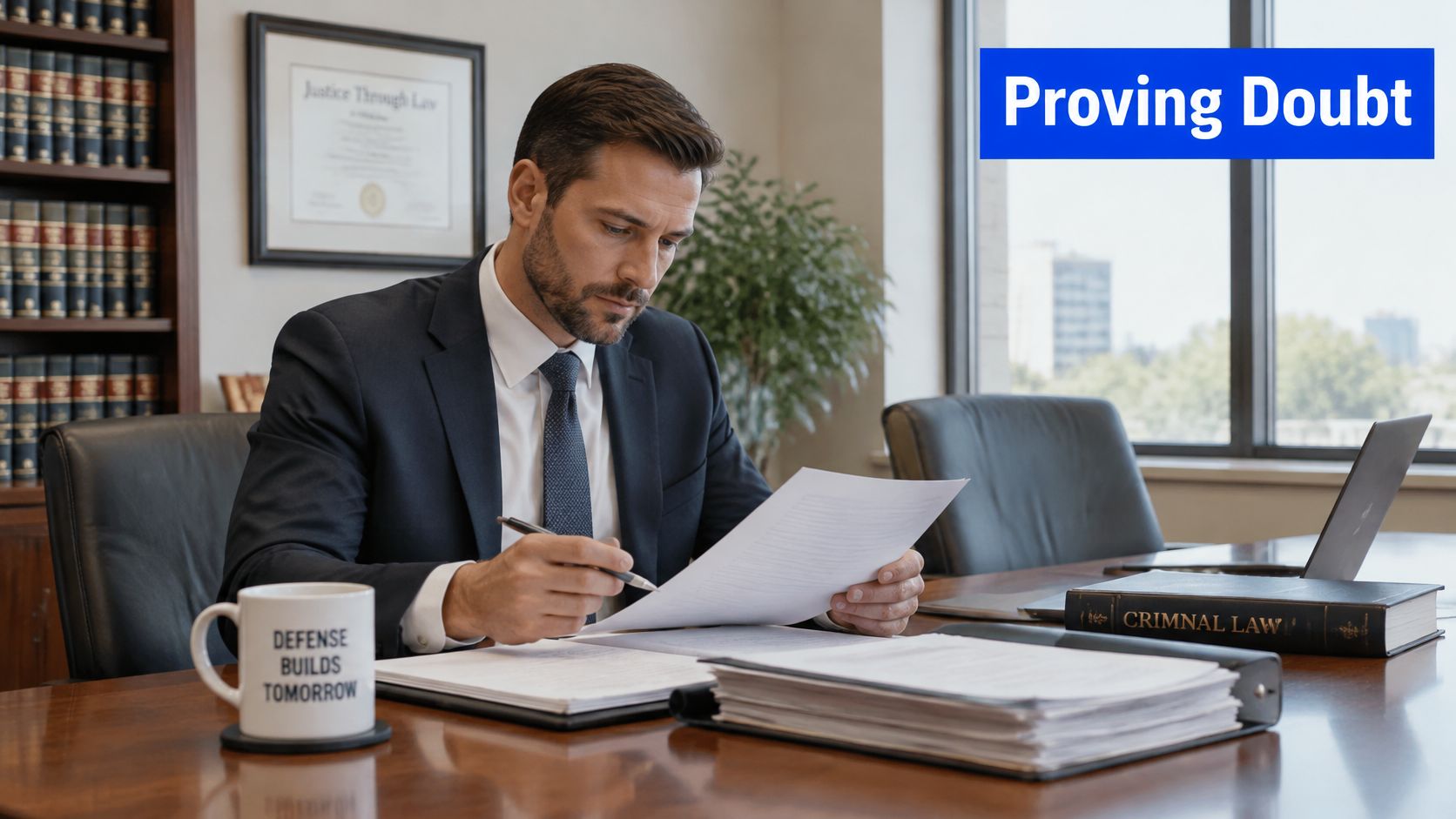 A professional lawyer in a suit reviewing legal documents at his office desk with law books.