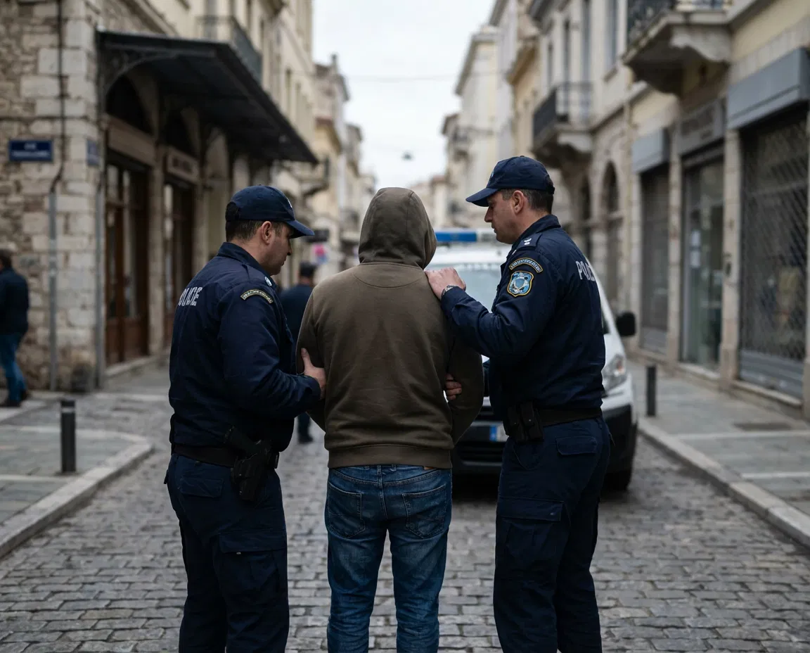 Greek police officers detaining an unidentified man in Thessaloniki.
