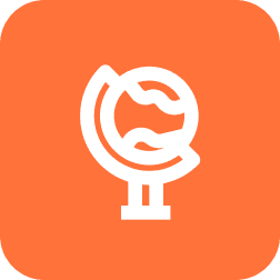 Globe icon on orange background representing global connectivity.