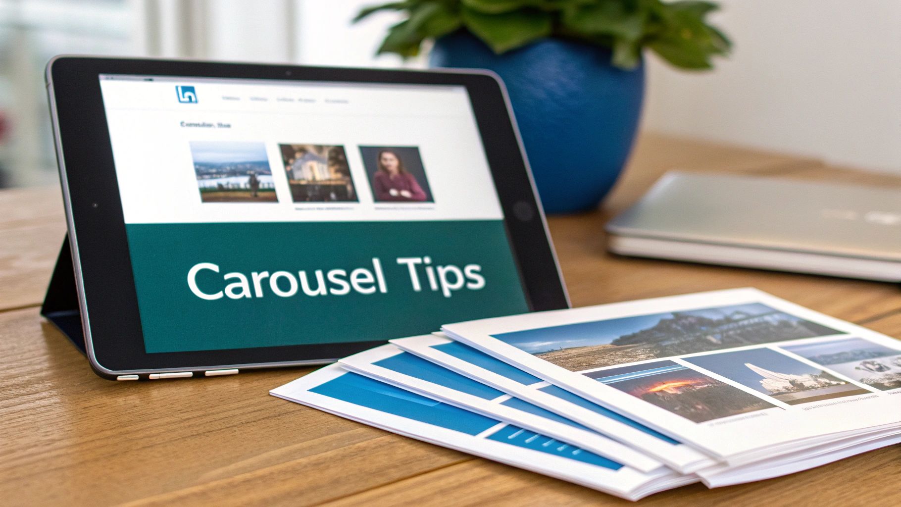 A tablet displays 'Carousel Tips' on a LinkedIn page, next to brochures and a laptop.