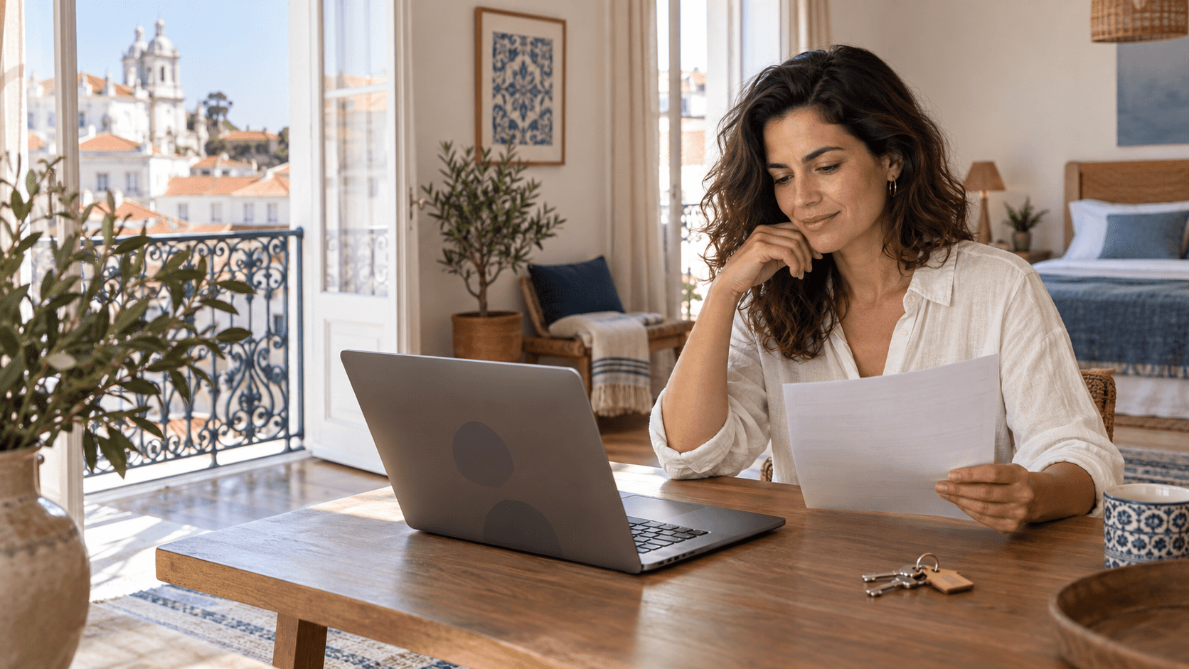 lady in front of laptop in portugal