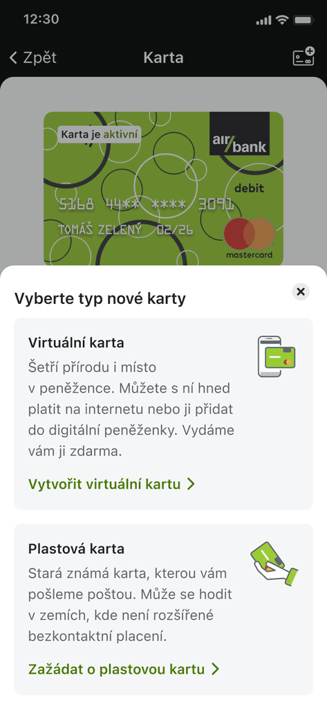 Mobilní aplikace My Air od Air Bank: výběr nové debetní karty s nápaditým zeleným designem a volbou mezi virtuální či plastovou verzí.