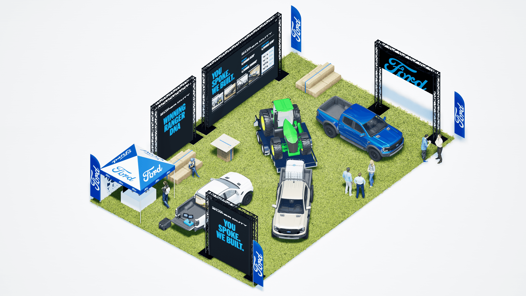 Event activation design for Ford with vehicles, seating areas and modular branded structures in outdoor layout