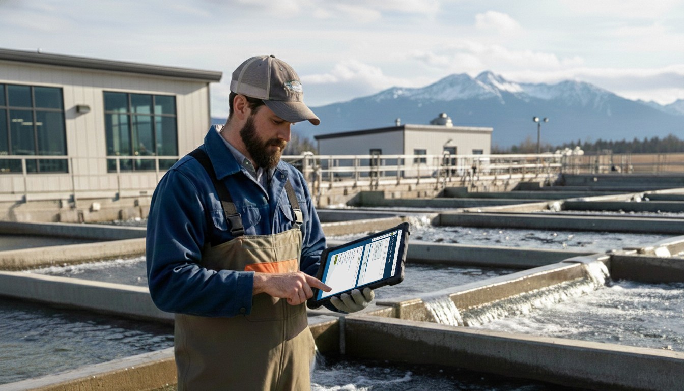 Man using ipad at fish hatchery