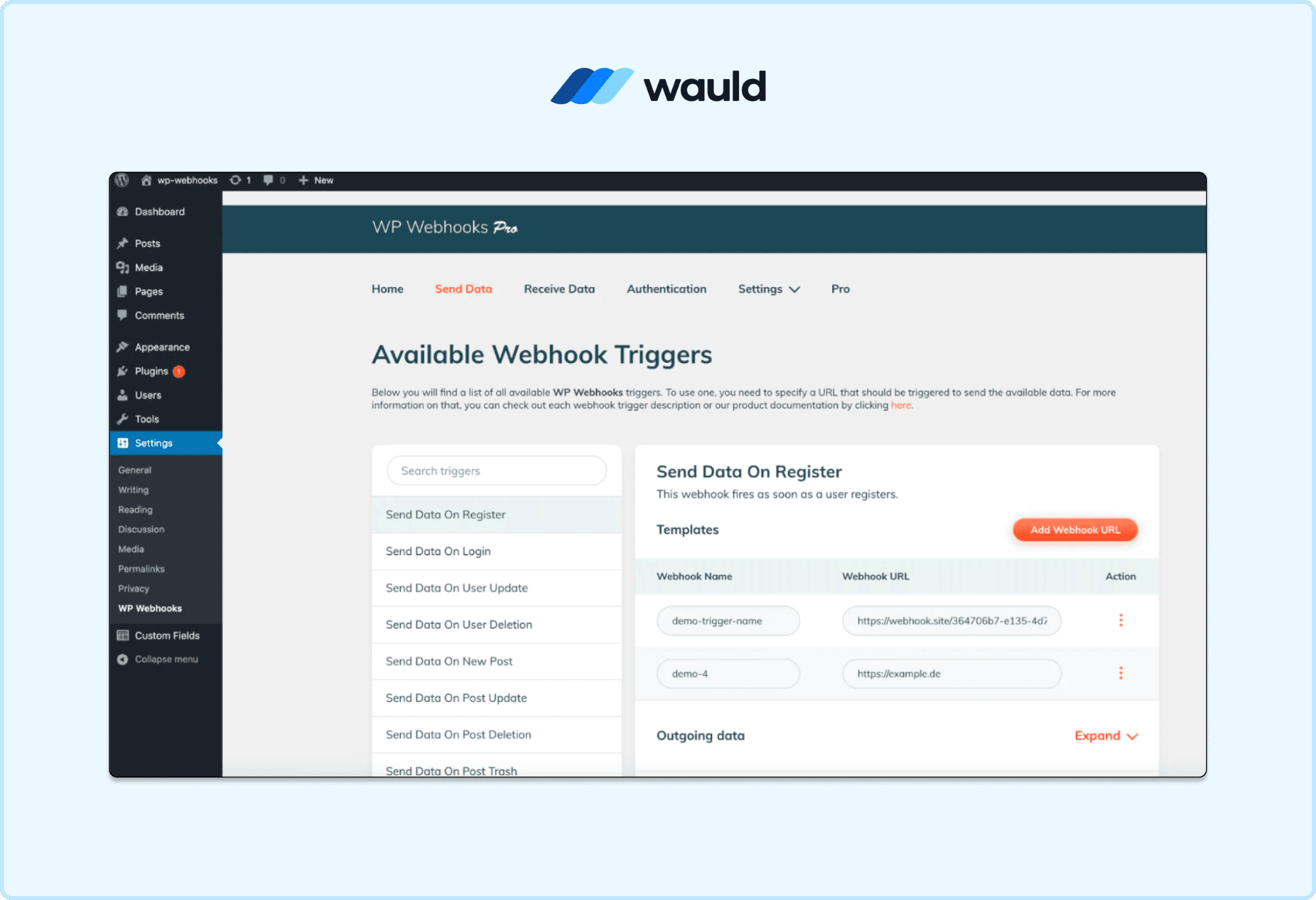 Screenshot of the WP Webhooks Pro interface showing webhook trigger configuration in WordPress, used to send learner completion data to Wauld for automated credential issuance.