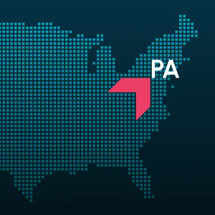 Map highlighting Pennsylvania with a red arrow, representing GIA Group, LLC truck insurance coverage area.