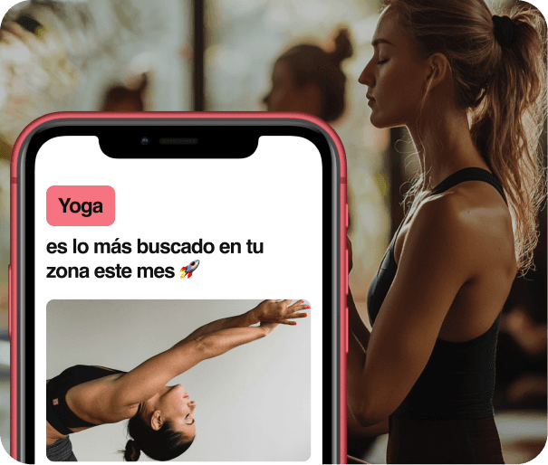 Aplicación de Fitters destacando actividades populares como yoga en una zona específica