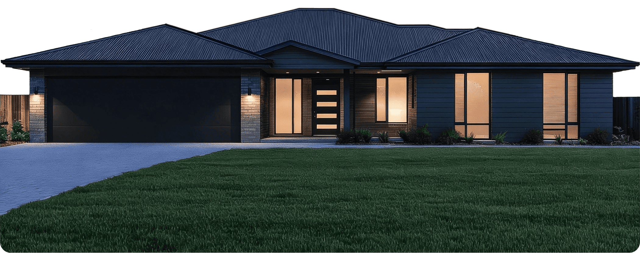 Matte black double-car sectional garage door installed on a modern dark-themed residence. The contemporary door features a smooth finish and is illuminated by exterior sconce lighting, integrated into a luxury home exterior with a corrugated metal roof.