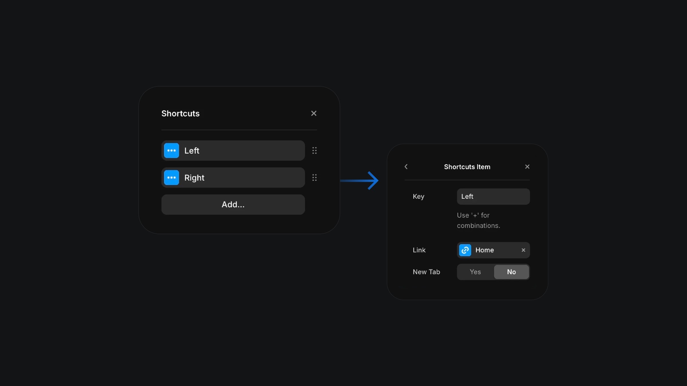 Keyboard shortcuts settings panel with navigation configuration options