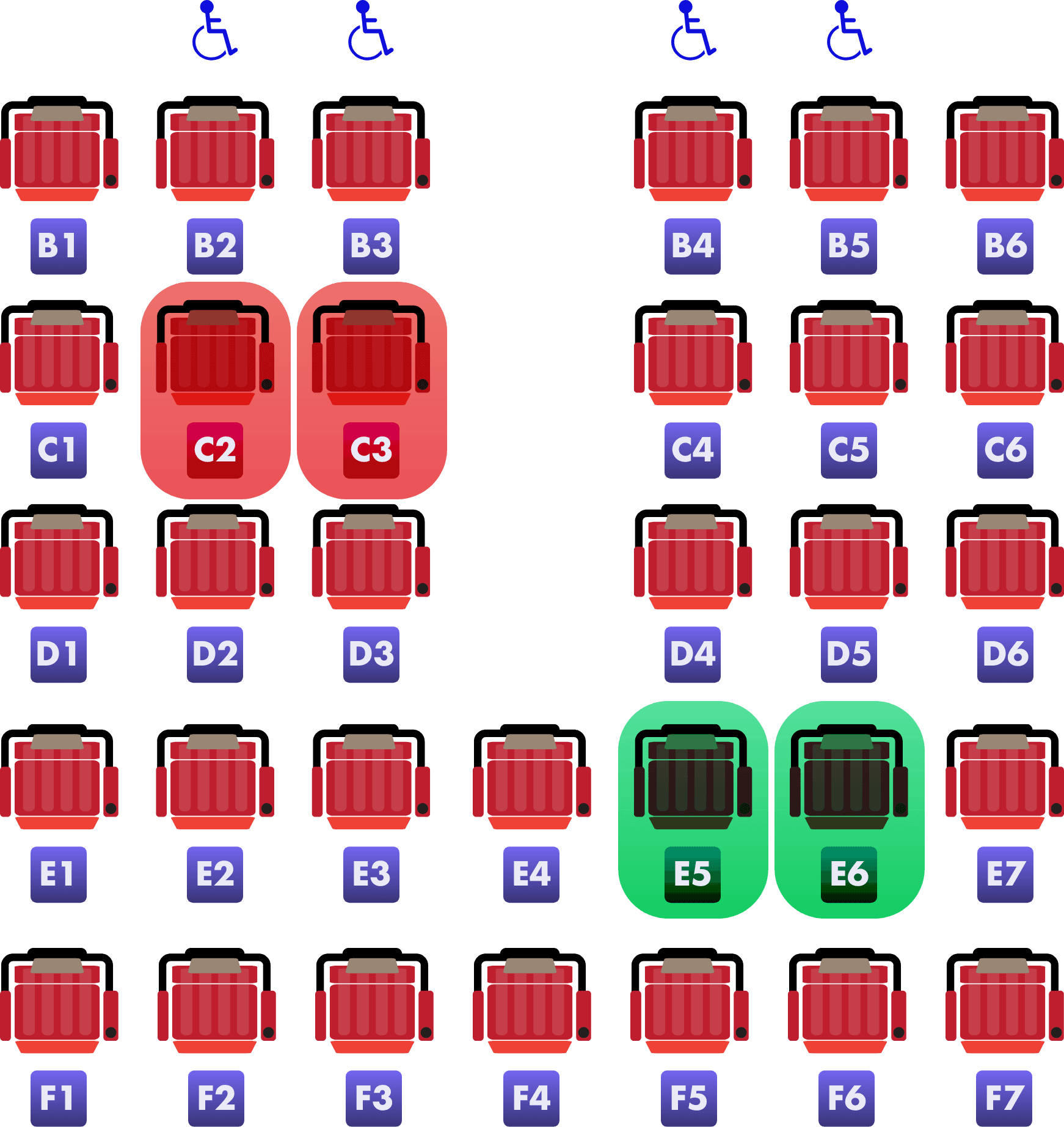 Graphic of a theater seat selection layout with rows of red seats, including accessible seating icons and selected seats marked in red and green.