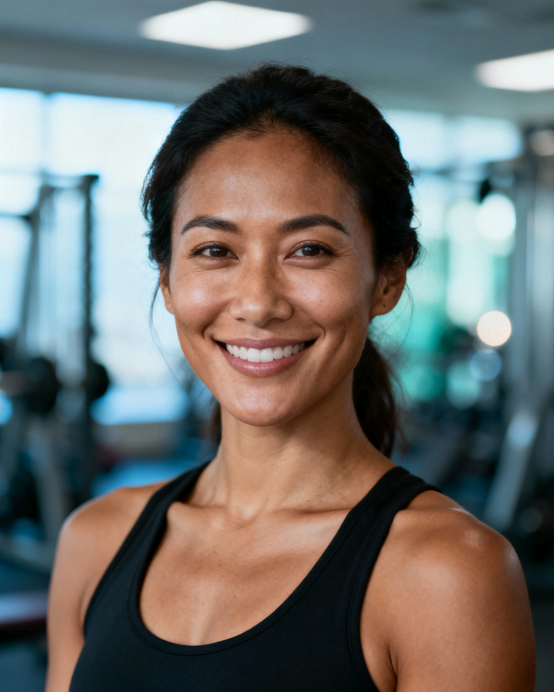 Fit woman in a black tank top smiling in a gym environment with exercise machines in the background.