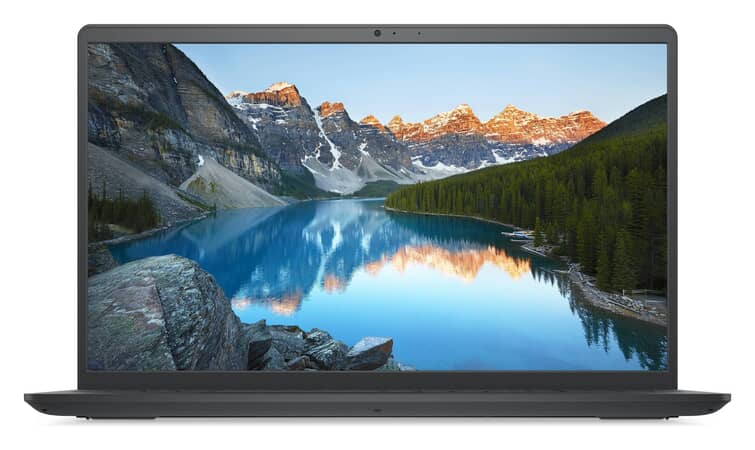 Dell Inspiron 15 bærbar med en 15,6” skærm, viser et smukt naturbillede af en bjergsø, stilrent og robust design.