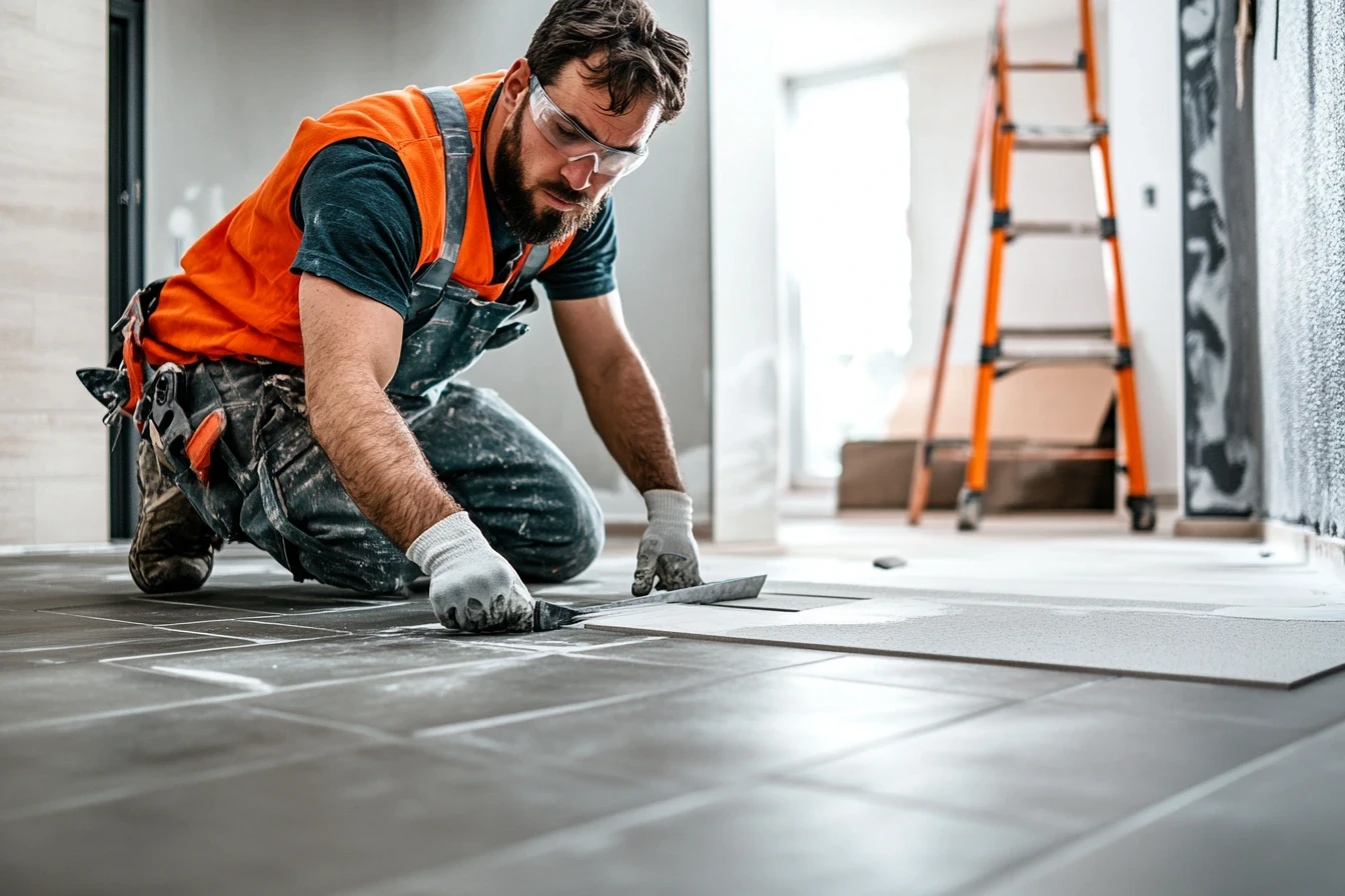 Carreleur posant du carrelage sol dans une salle de bain