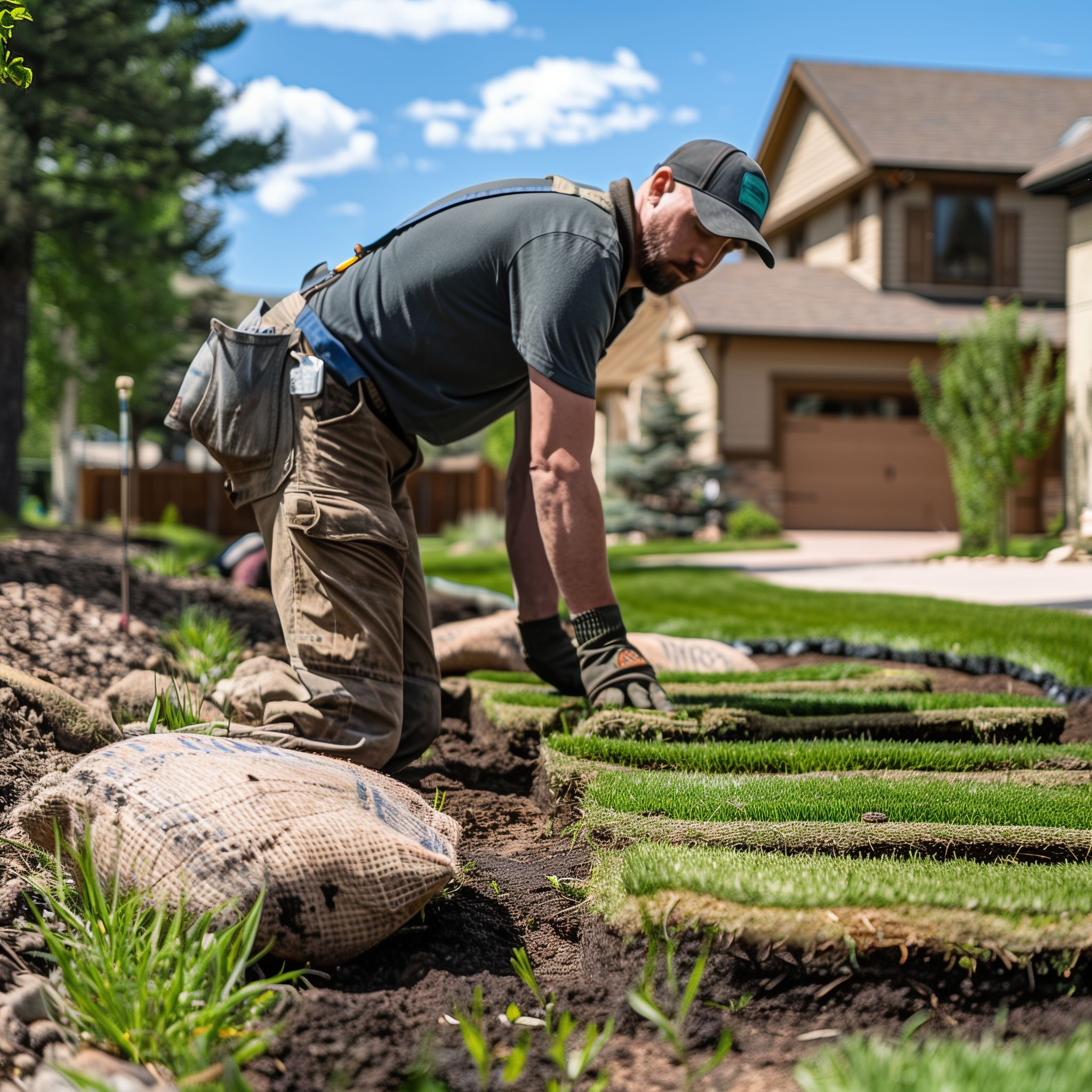 lawn care professional working on a front yard installing new green grass sod under bright sunshine