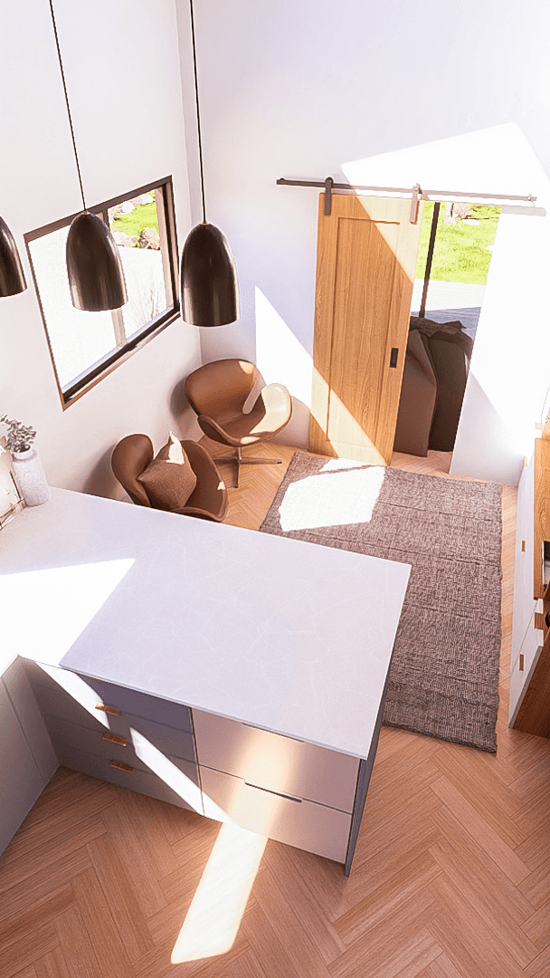 Dishwasher arrangement in a tiny house kitchen