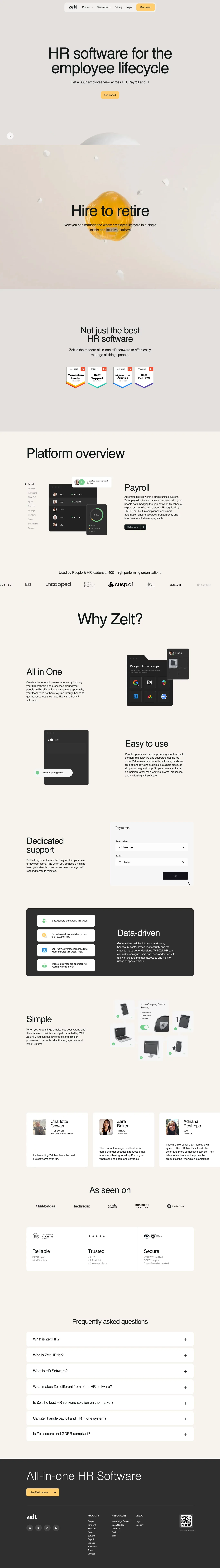 Zelt: All-in-one HR software for the emp landing page screenshot showcasing HR and Tech design