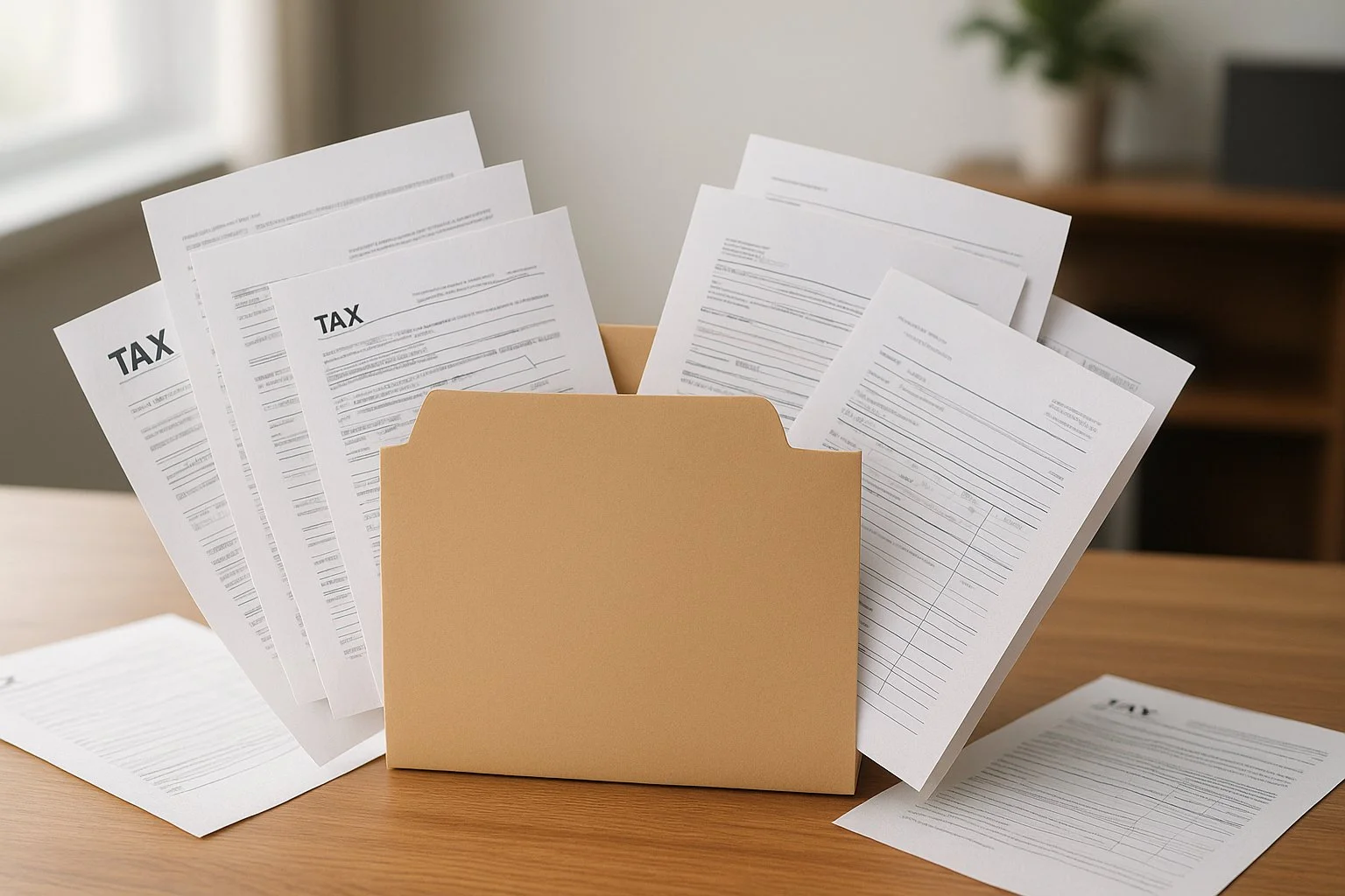 Group of documents being merged into a central folder on a desk, symbolizing multiple nonresident owners’ taxes filed together under soft natural lighting.