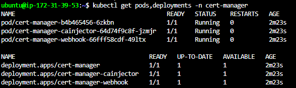 Terminal output showing the cert-manager, cainjector and webhook pods and deployments running in the cert-manager namespace