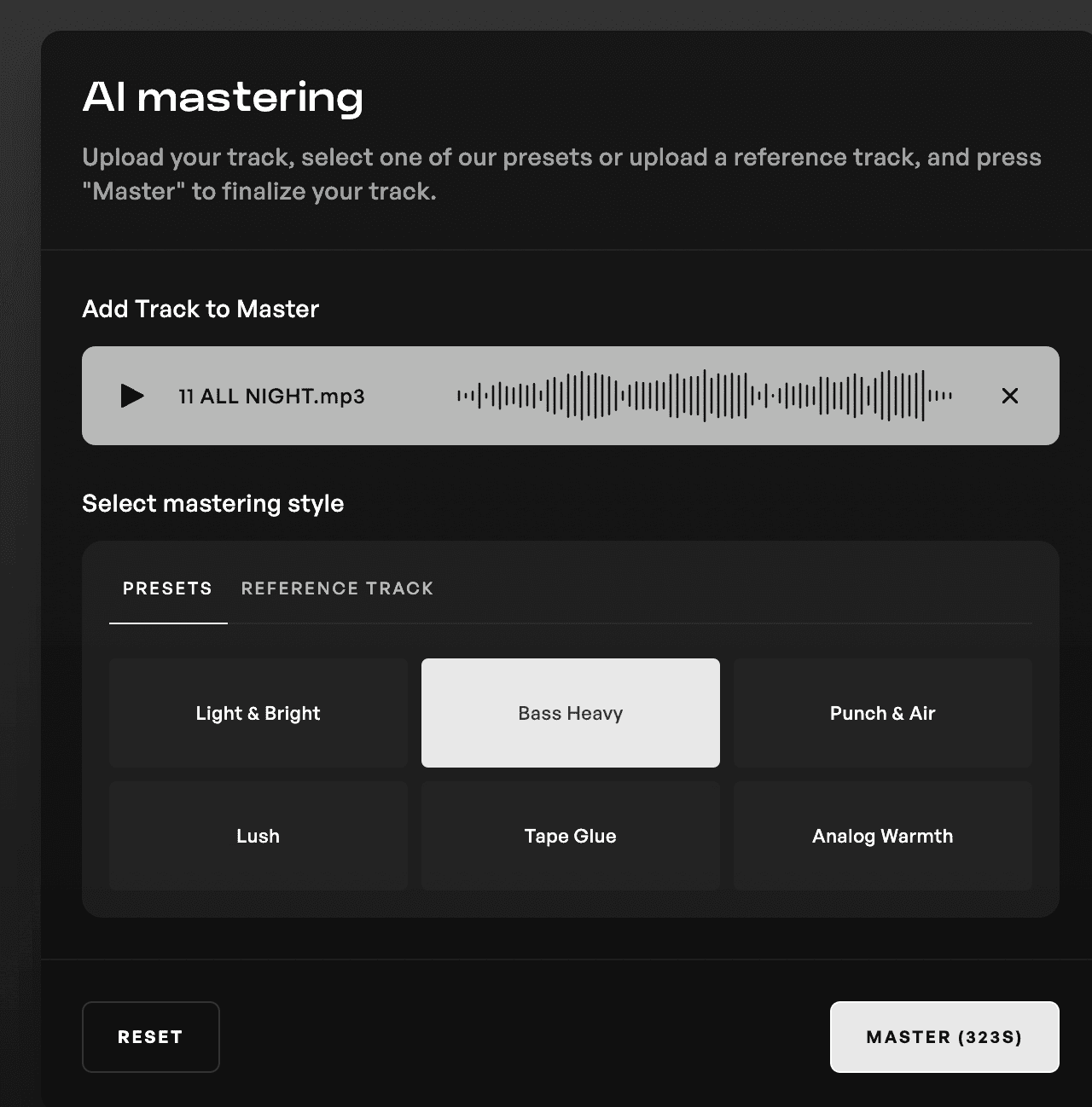 Kits AI mastering page with a track input