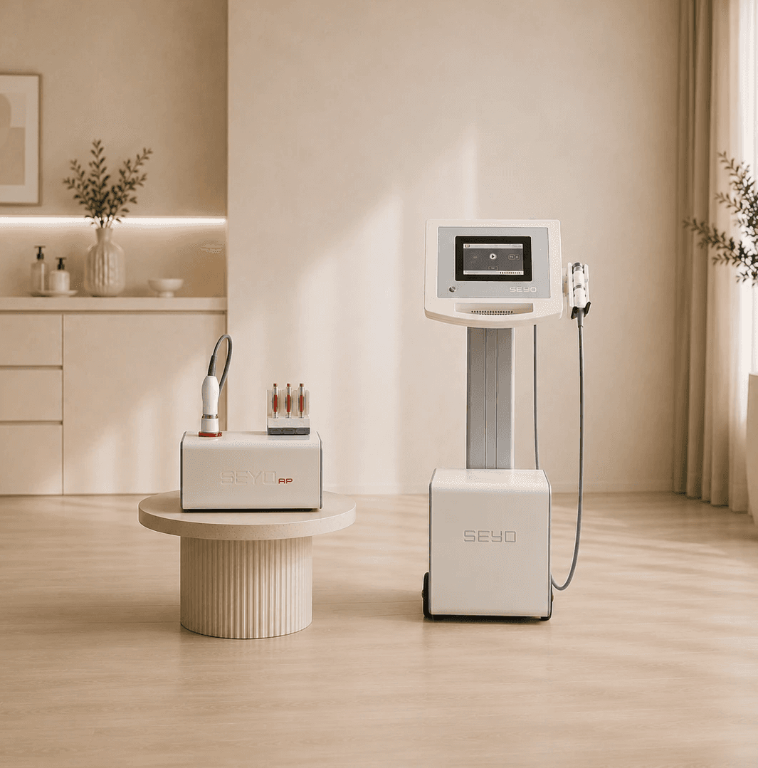 White SEYO skincare bottle in a neutral studio setting