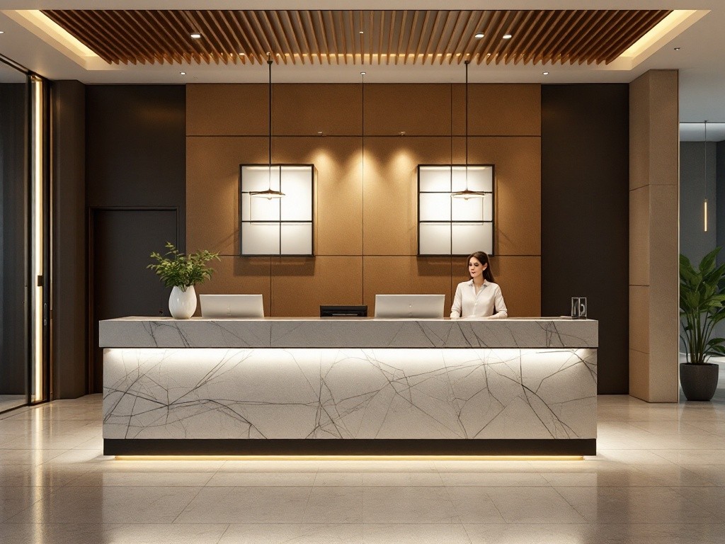 A hotel reception desk with a woman standing behind it.