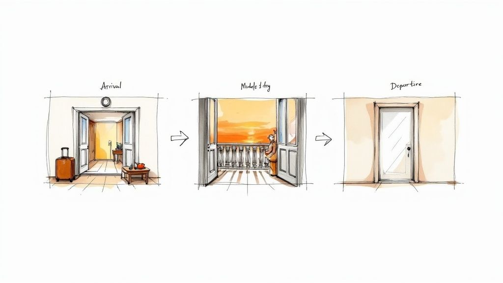 Illustration showing three stages of an Airbnb stay: arrival, middle with sunset view, and departure.